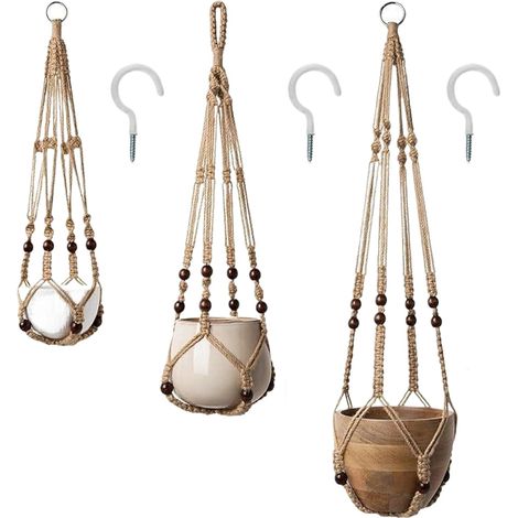 Paniers de Plantes à Suspendre en Corde, Lot de 3 Support de Pot de Fleurs en Macramé pour Décoration Intérieur et Extérieur, Suspension de Plantes avec Perles pour Salon, Chambre à Coucher, Balcon (1/5)