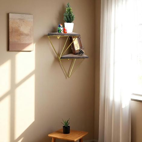 Etagère murale en bois et métal doré - forme triangle SITIA (1/4)