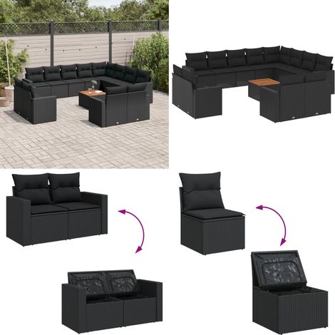13-tlg. Garten-Sofagarnitur mit Kissen Schwarz Poly Rattan - Gartenmöbel Set - Esszimmergarnitur Outdoor - Lounge Möbel - Rattan Gartenset - Balkonmöbel - Home & Living (1/5)
