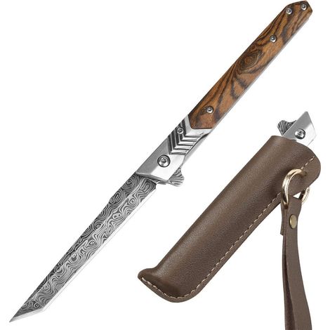Klappmesser mit Holzgriff und Lederscheide, Einhandmesser für Outdoor & Camping