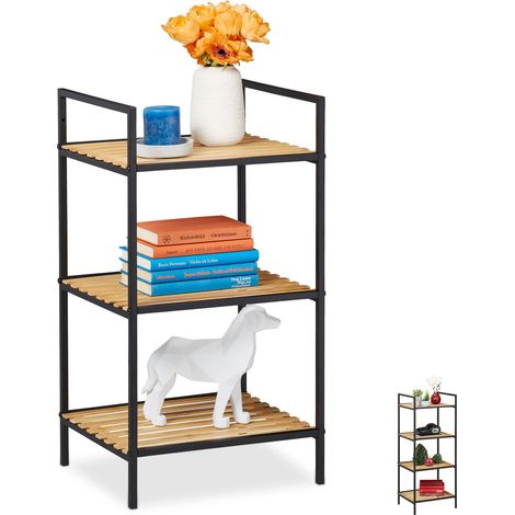 Relaxdays Standregal 3 Ablagen, Bambus & Metall, offenes Regal, Stehregal Flur, HxBxT: 71 x 39 x 32,5 cm, braun-schwarz