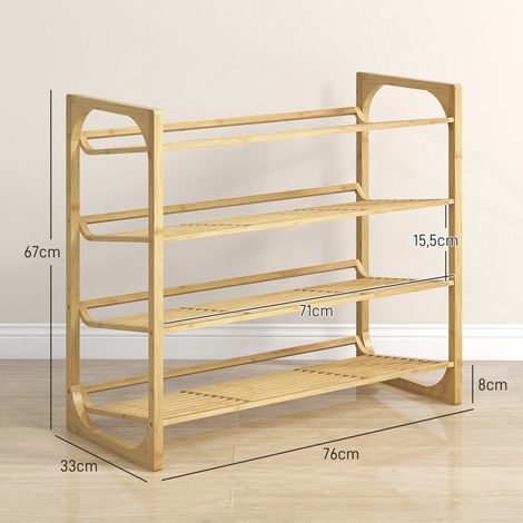 Meuble de rangement chaussures bambou naturel, 4 étagères capacité 12 paires, avec poignées, idéal entrée ou dressing, dimensions 76x33x67 cm, finition claire (1/5)