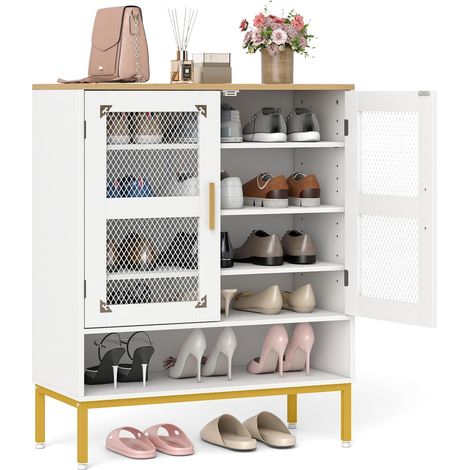 COSTWAY Scarpiera a 5 Livelli, Armadio Porta Scarpe con Porte in Rete, Ripiani Regolabili e Gambe in Metallo Per Ingresso, Corridoio, Armadio e Soggiorno (Bianco,70x35x93 cm) (1/5)