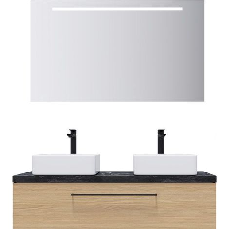 Meuble de salle de bain suspendu 2 vasques à poser 120cm 1 tiroir Chêne clair + miroir - Glasgow (1/5)