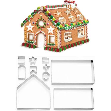 Set di 10 stampi per biscotti natalizi in acciaio inossidabile - Adatti per realizzare casette di pan di zenzero natalizie e decorazioni festive per dolci - Argento (1/5)