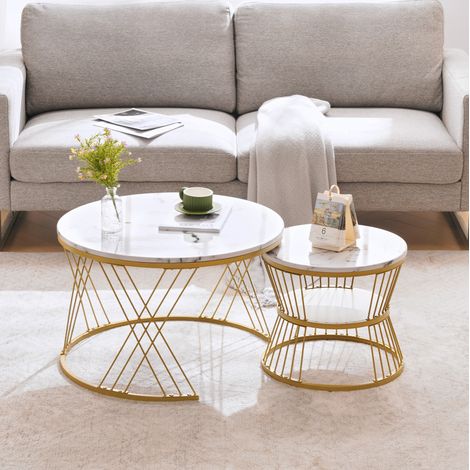 Rundes 2-teiliges Couchtisch-Set, Marmoroptik, MDF und Metall, Weiß und Gold HAVRYA (1/5)