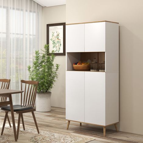 Buffet de cuisine armoire de rangement 2 placards avec porte étagères réglables niche centrale 2 passe-câbles blanc - Modèle (1/4)