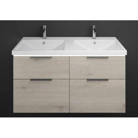 Burgbad Eqio Keramik-Doppelwaschtisch mit Unterschrank 123 cm, mit Mittelsteg, LED-Beleuchtung und 4 Eiche Dekor Flanelle/Alpinweiss Schwarz matt (1/2)