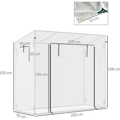 Serre blanche 200x76x168cm anti-UV, 2 fenêtres moustiquaires barres renforcement acier PE (1/5)
