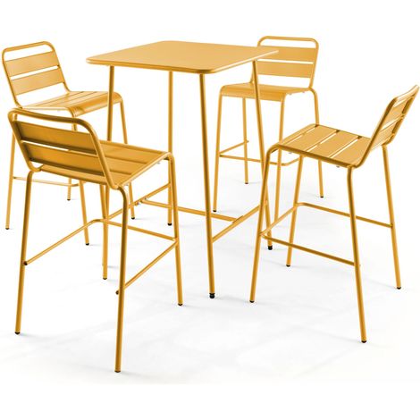 Ensemble table de bar et 4 chaises hautes en métal jaune - Palavas