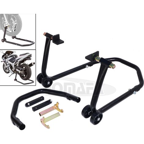 JOMAFA - SOPORTE/ELEVADOR/CABALLETE MOTO 2 EN 1: DELANTERO Y TRASERO + ADAPTADORES UNIVERSALES PARA MOTOCICLETA (1/5)