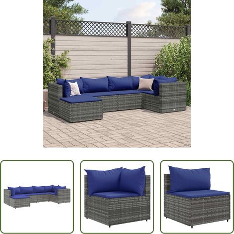 vidaXL Rattan - 6-tlg. Garten-Lounge-Set mit Kissen Grau Poly Rattan (1/5)
