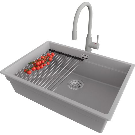 PRIMAGRAN Evier Cuisine en Granit 66x47cm, Lavabo 1 bac + Robinet 38x14cm + Kit de Vidage + Accessoire, Évier à Encastrer au meuble 70cm - Prague Slim, Gris (1/5)