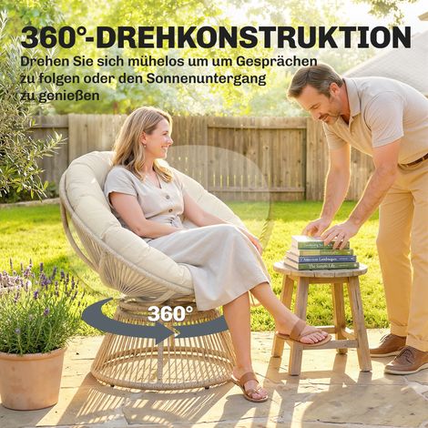 Fauteuil Papasan pivotant 360°, siège en rotin avec coussin, structure acier, assise ronde, fauteuil lounge blanc crème
