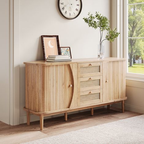 Sideboard, Rattankommode, Kommode mit Schiebetüren, verstellbaren Einlegeböden und abgerundeter Platte.
