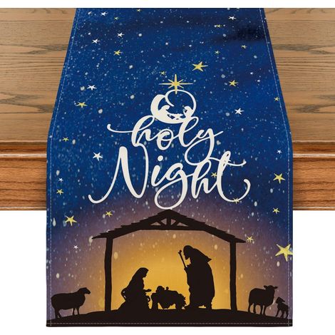 Chemise De Table - Fête De Noël - Motif Ciel Bleu Étoilé - Pour Salle À Manger Cuisine Extérieur - 33 X 305 Cm - 1 Pièce (1/4)