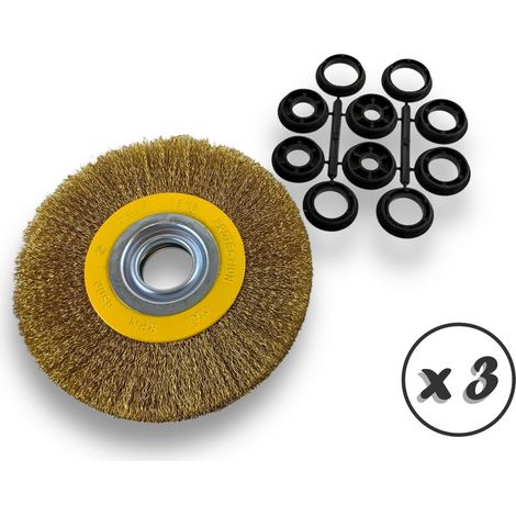 Lot de 3 brosses circulaires LAITON Ø 175 mm Epaisseur 2 rangs Fil dur 0.30 mm ondulé Alésage 32 mm + réducteur bague 25/22/20/16/12 mm Touret affûteuse ponceuse Kibros 235177LTx3 (1/5)