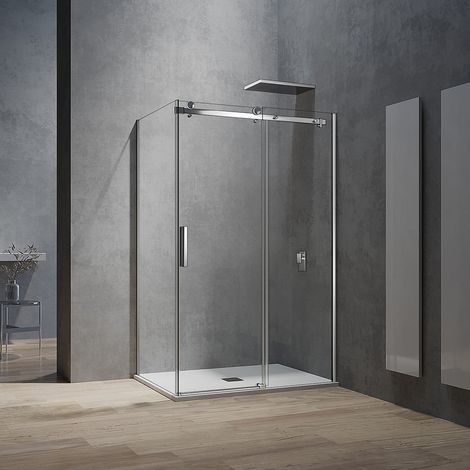 GRAND VERRE Cabine de douche style industriel avec porte coulissante 110x195 et paroi latérale 100x195 accessoires chromés (1/5)