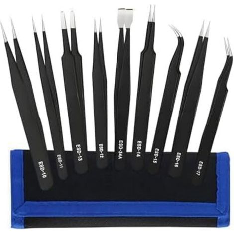 9-Piece ESD Precision Tweezers Set, Model Making Included, Stainless Steel Case, Anti-static Fine Point Tweezers for Electronics, Jewelry, Equipment Repair, Laboratory - (1/5)