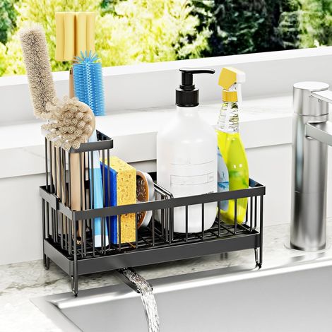 Porte-éponge évier cuisine avec cuvette auto-vidange, organisateur avec porte-serviettes et rangement (noir, porte-brosse)
