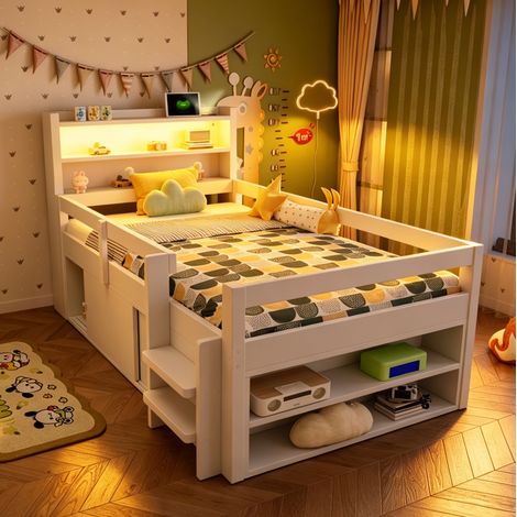 Letto per bambini 90x200 cm con LED e porte USB, contenitore integrato, ante scorrevoli, colore legno - bianco (1/5)
