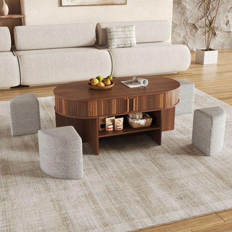 Table basse de rangement ovale avec revêtement à rainures verticales, ensemble table basse avec tabourets en tissu, corps en panneau de particules+MDF, poignées métalliques, table basse avec portes co (1/5)