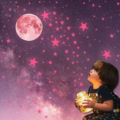 BEBUSINGOTO Lot de 435 stickers muraux lumineux en forme d'étoiles, de points et de lune pour chambre à coucher, garçons, filles, crèche (rose)