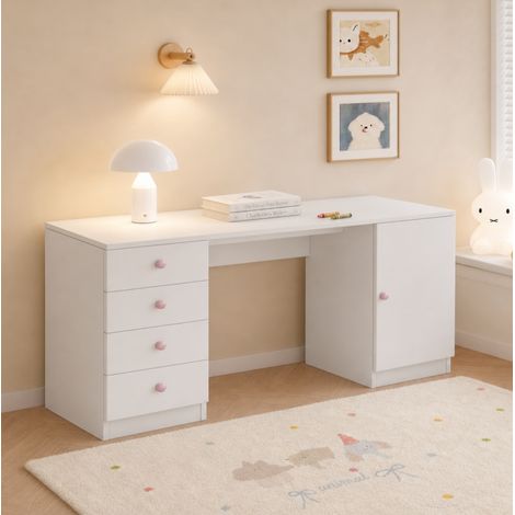 Scrivania per bambini 155x45x74 cm con 4 cassetti e mensola, contenitore integrato, MDF bianco, maniglie rosa (1/5)