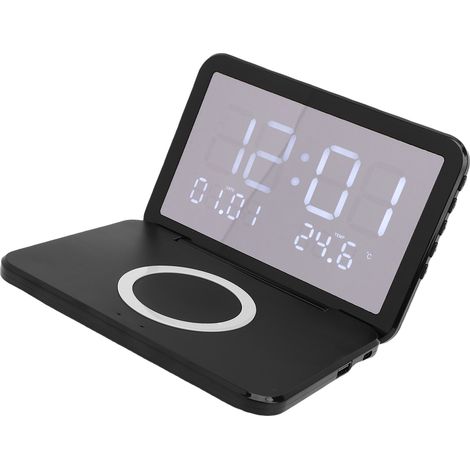 Réveil électronique pliable avec chargeur sans fil, calendrier et température, 15 W, miroir LED, noir, pour table de chevet (1/5)