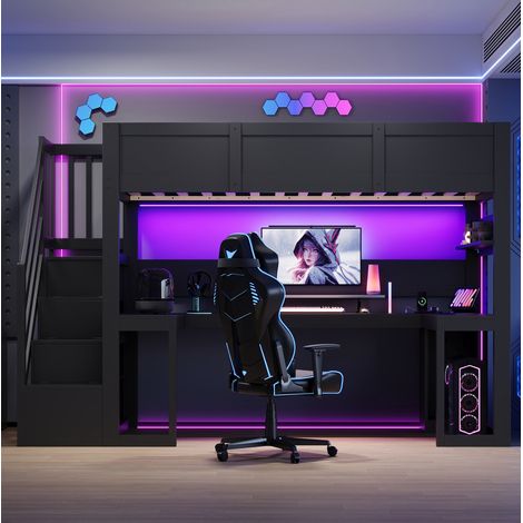 Cama alta 90x200 cm con escritorio gaming, escalera con 4 compartimentos, LED de 7 colores y puerto USB, negra, estructura de madera CHICFURN para dormitorio juvenil (1/5)