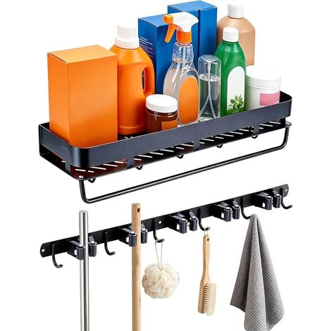 1 étagère Murale Utilitaire pour Placard Ensemble Porte Balai et Serpillière (1 unité) avec 1 supports de Rangement pour Produits de Nettoyage Crochets et Barre Porte Serviettes (1/5)
