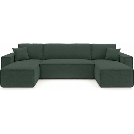 Canapé panoramique d'angle FARAH convertible avec rangement en tissu - Vert foncé