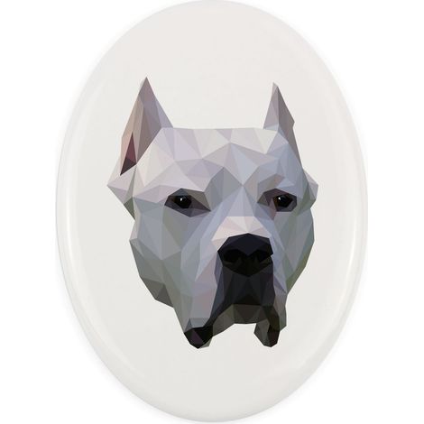 Perro argentino, Dogo Argentino - un plato geométrico con una foto e inscripción de Art-Dog (1/4)