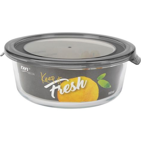 Contenitore rotondo in vetro resistente al calore con coperchio per alimenti, 950 ml, grigio, per mantenerli freschi.