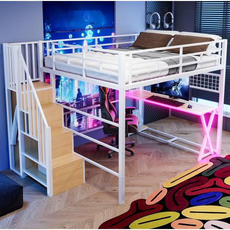 MODFU – Lit mezzanine adulte 160x200 cm métal et MDF – LED, bureau, armoire et échelle de rangement – Charge 150 kg, 4 colis – Chambre – Blanc (1/5)