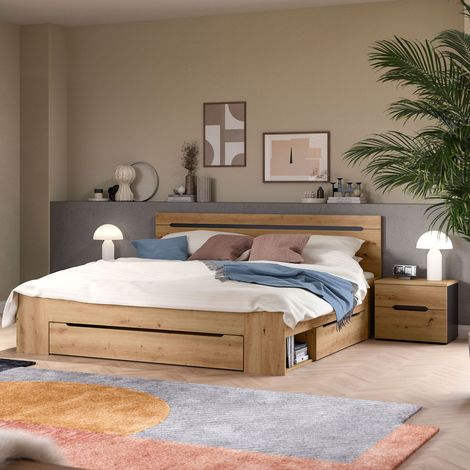 Ensemble lit avec rangement 184x205x87cm + 2 chevet naturel - KANUT