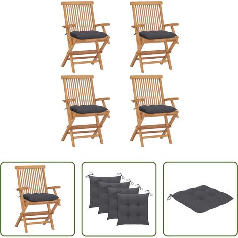 Chaises de jardin pliables - Chaises de jardin et coussins anthracite lot de 4 Bois de teck (1/5)