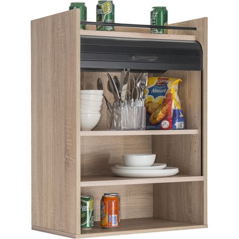 Beaux Meubles Pas Chers – Meuble de cuisine imitation chêne avec rideau noir ou blanc – 4 niches ouvertes – Dimensions 54 x 76.6 x 35.4 cm – Fixation murale incluse