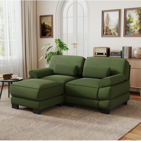 MODFU – Divano modulabile 2 posti 194x161x94 cm in velluto a coste con pouf, cuscino lombare, schiuma HD e carico 380 kg – Verde (1/5)