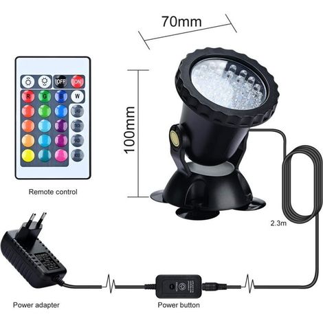 Projecteur RGB pour aquarium, éclairage submersible pour poissons, lampe LED étanche IP68 à angle réglable avec télécommande pour bassin de jardin, piscine et fontaine (1 unité) (1/2)