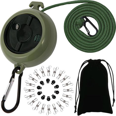 Étendoir à linge rétractable, portable et antidérapant, 10 m, idéal pour les voyages, avec 10 boucles de maintien et 20 pinces à linge, pour le camping, les voyages et les activités de plein air (1/5)