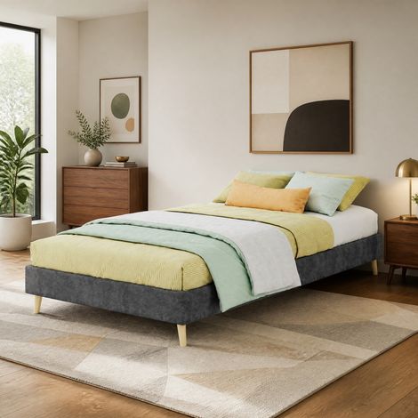 Letto 90 x 200 cm in velluto grigio, base bassa, senza testiera HAVRYA (1/5)