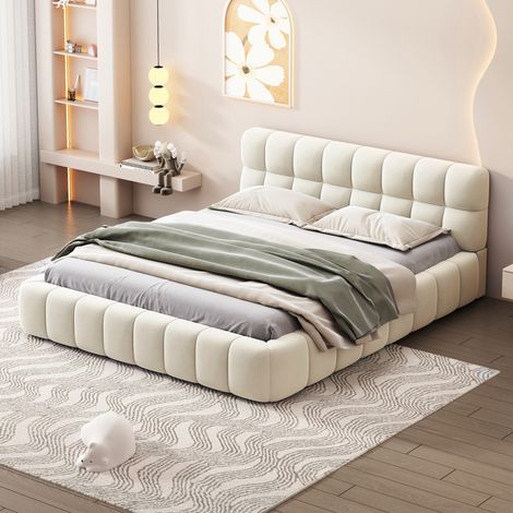 Letto matrimoniale imbottito 160x200 cm, lino, doghe in legno massiccio, completamente imbottito, stile scandinavo - Beige