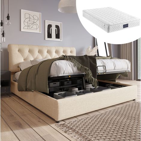 Bett mit Stauraum 160x200 cm, Leinen Natur, hydraulisches Polsterbett mit verstellbarem Kopfteil, Lattenrost und Matratze (1/5)