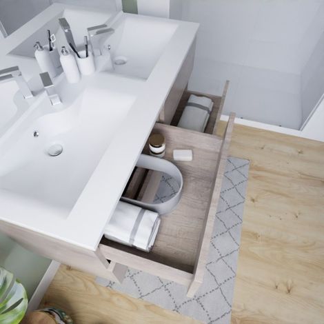 Meuble double vasque 140 cm ROSALY INOX- Bois- Plan vasque en