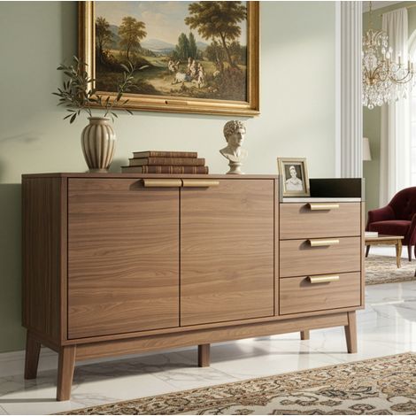 MEUBLIV Commode de rangement chêne foncé – 3 tiroirs, double porte et niche ouverte (1/5)