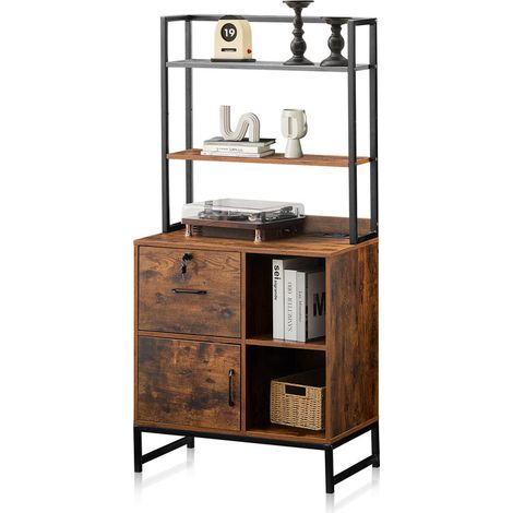 Filing Cabinet with Lockable Drawer, 3 Tiers File Cabinet with Charging Station and Open Storage Shelves, High Printer Stand for File Folders Home Office Desk Brown (1/5)