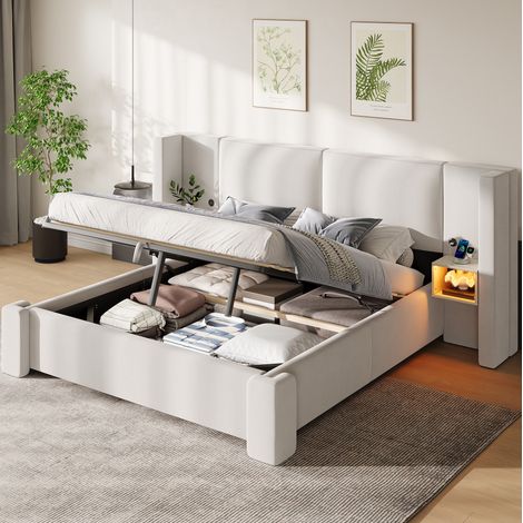 MODFU – Lit coffre 140x200 cm lin beige – Rangement hydraulique et chevets LED 7 couleurs – Charge 170 kg – Beige (1/5)