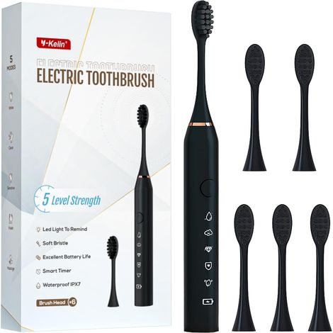 Brosse à dents électrique rechargeable avec 6 têtes de brosse à dents, avec minuterie intelligente de 2 minutes, 5 modes avec blanchiment des dents, cadeau pour la famille (1/5)
