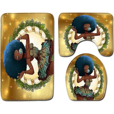 Tapis de toilette à motif femme africaine, ensemble trois pièces pour salle de bain, couvre-abattant, tapis de salle de bain